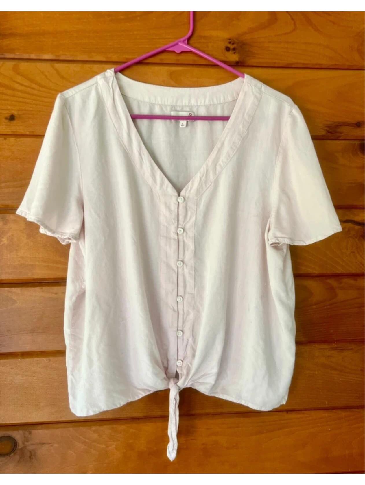 Pale Pink Button Down Blouse With Bottom Tie